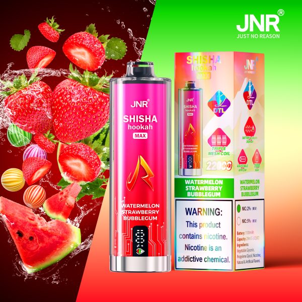 JNR Shisha Hookah Max 22K Puffs Watermelon Strawberry Bubblegum JNR Shisha Hookah Max 22000 Puffs Triple Mesh Coil Original Disposable Vape Pen
