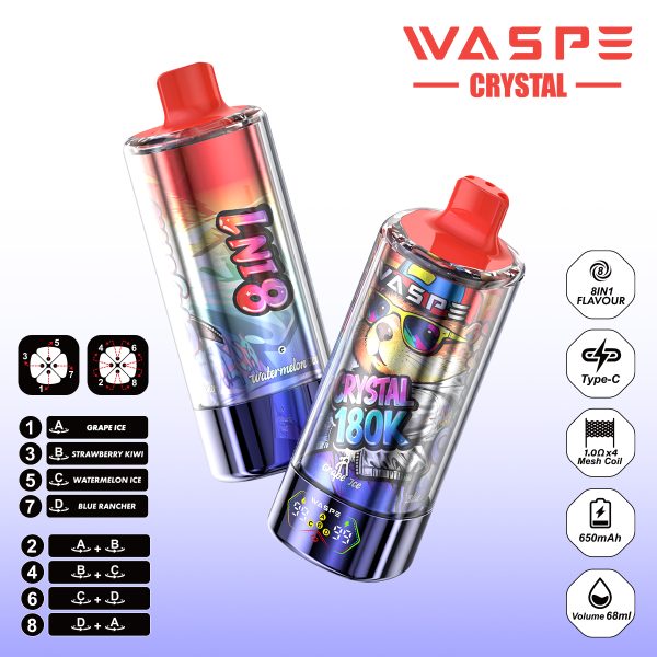 WASPE Crystal 8 in 1 180000 Puffs 0% 2% 5% Nicotine Disposable Vape Wholesale