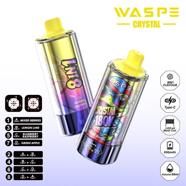 WASPE Crystal 8 in 1 180000 Puffs 0% 2% 5% Nicotine Disposable Vape Wholesale