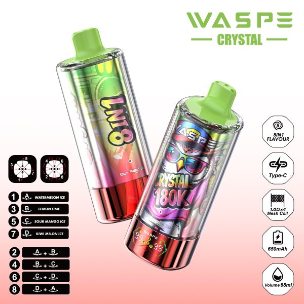 WASPE Crystal 8 in 1 180000 Puffs 0% 2% 5% Nicotine Disposable Vape Wholesale