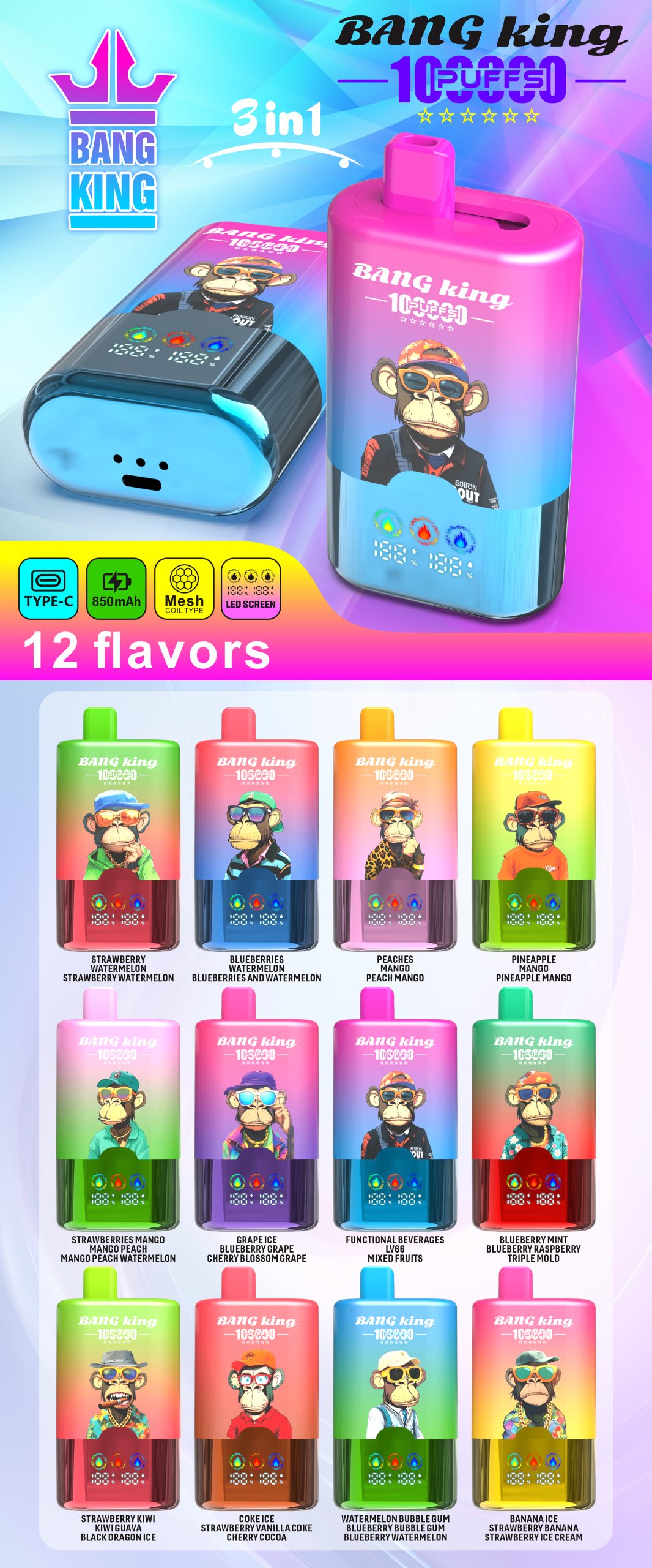 Bang King 100K Puffs 3 in 1 Flavors Poster