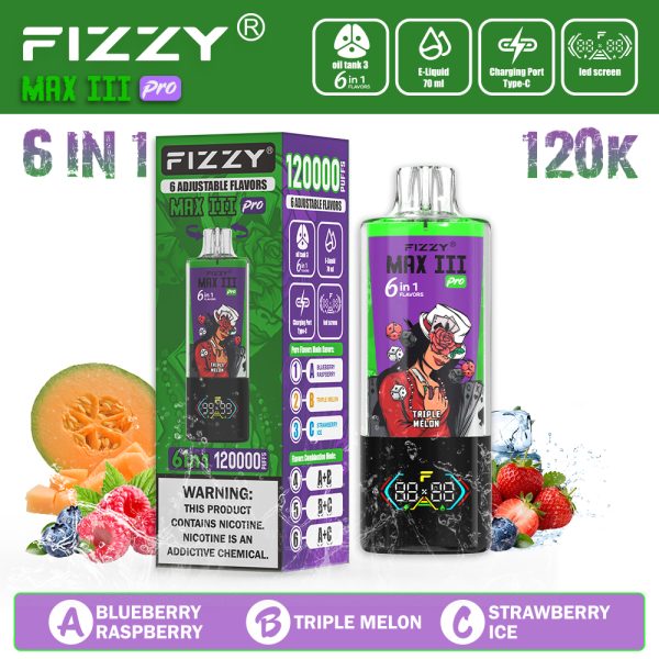 FIZZY Max III PRO 120000 Puffs Blueberry Raspberry & Triple Melon & Strawberry Ice