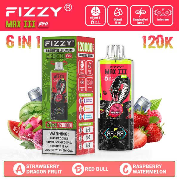 FIZZY Max III PRO 120000 Puffs Strawberry Dragon Fruit & Red Bull & RaspberryWatermelon
