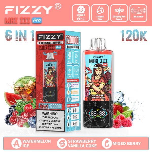 FIZZY Max III PRO 120000 Puffs Watermelon Ice & Strawberry Vanilla Coke & Mixed Berry