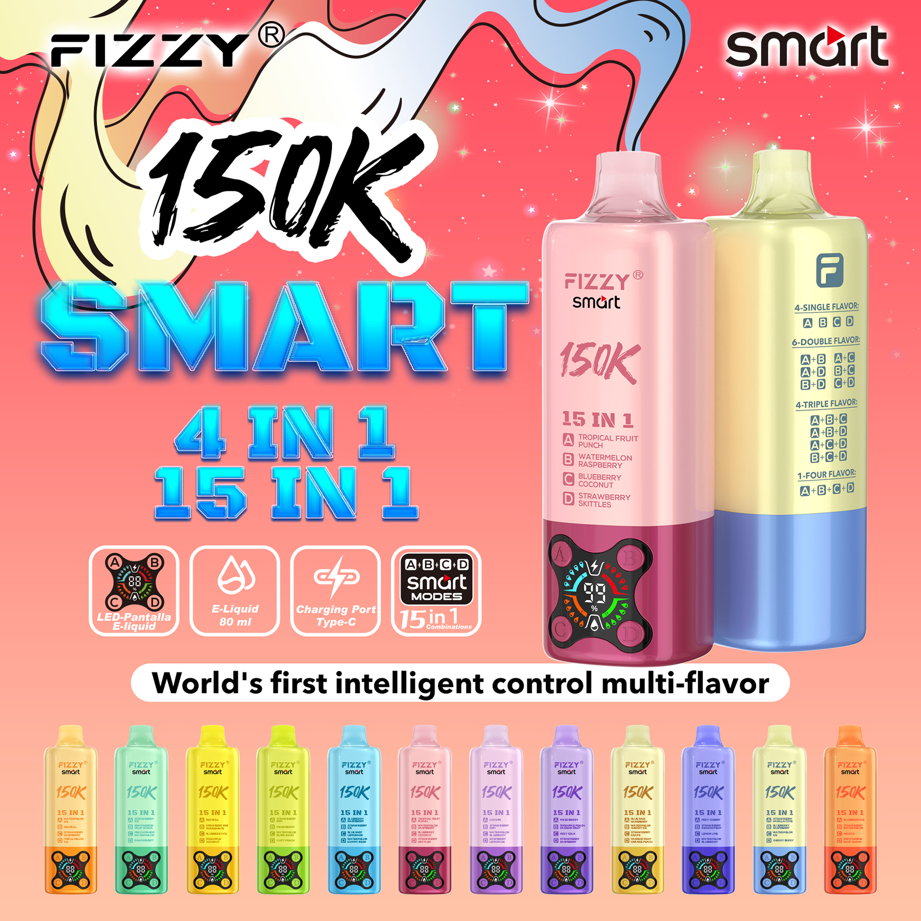 Fizzy 150K Puffs 15 in 1 Flavors Disposable Vape