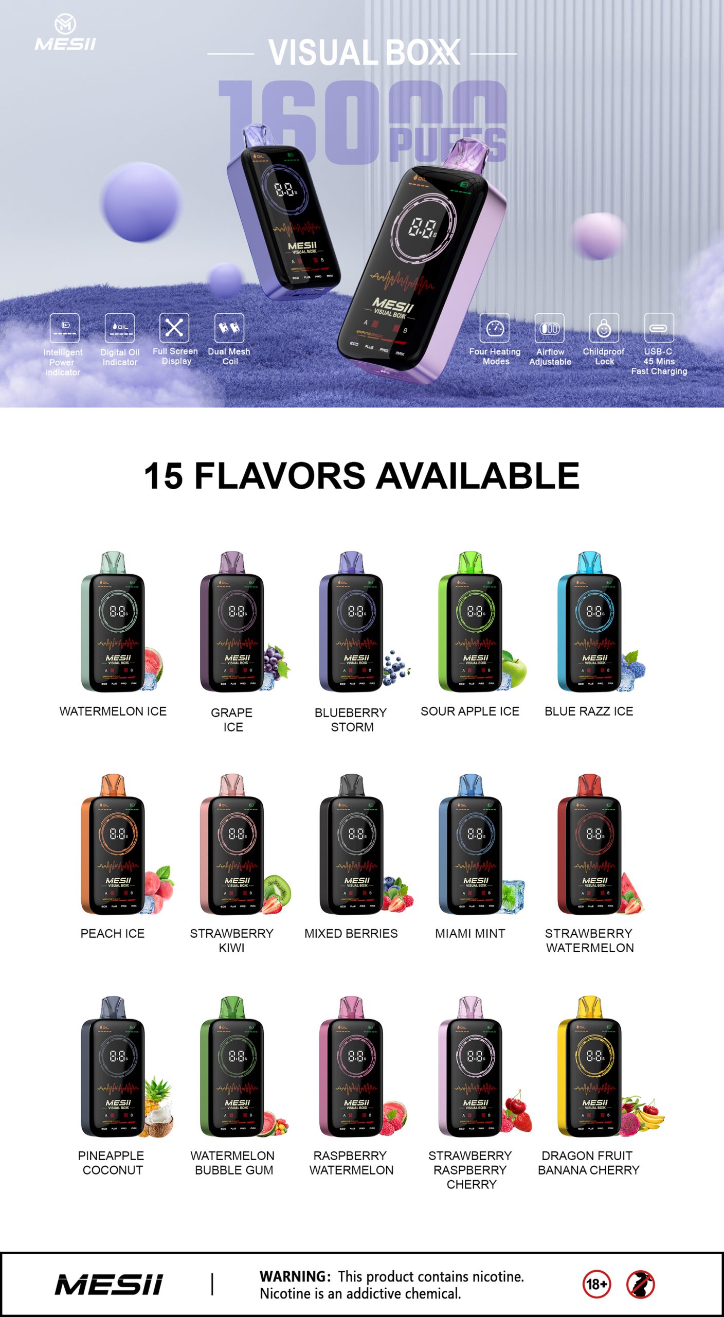 MESIl Vape VISUAL BOX 16K Puffs Flavors List