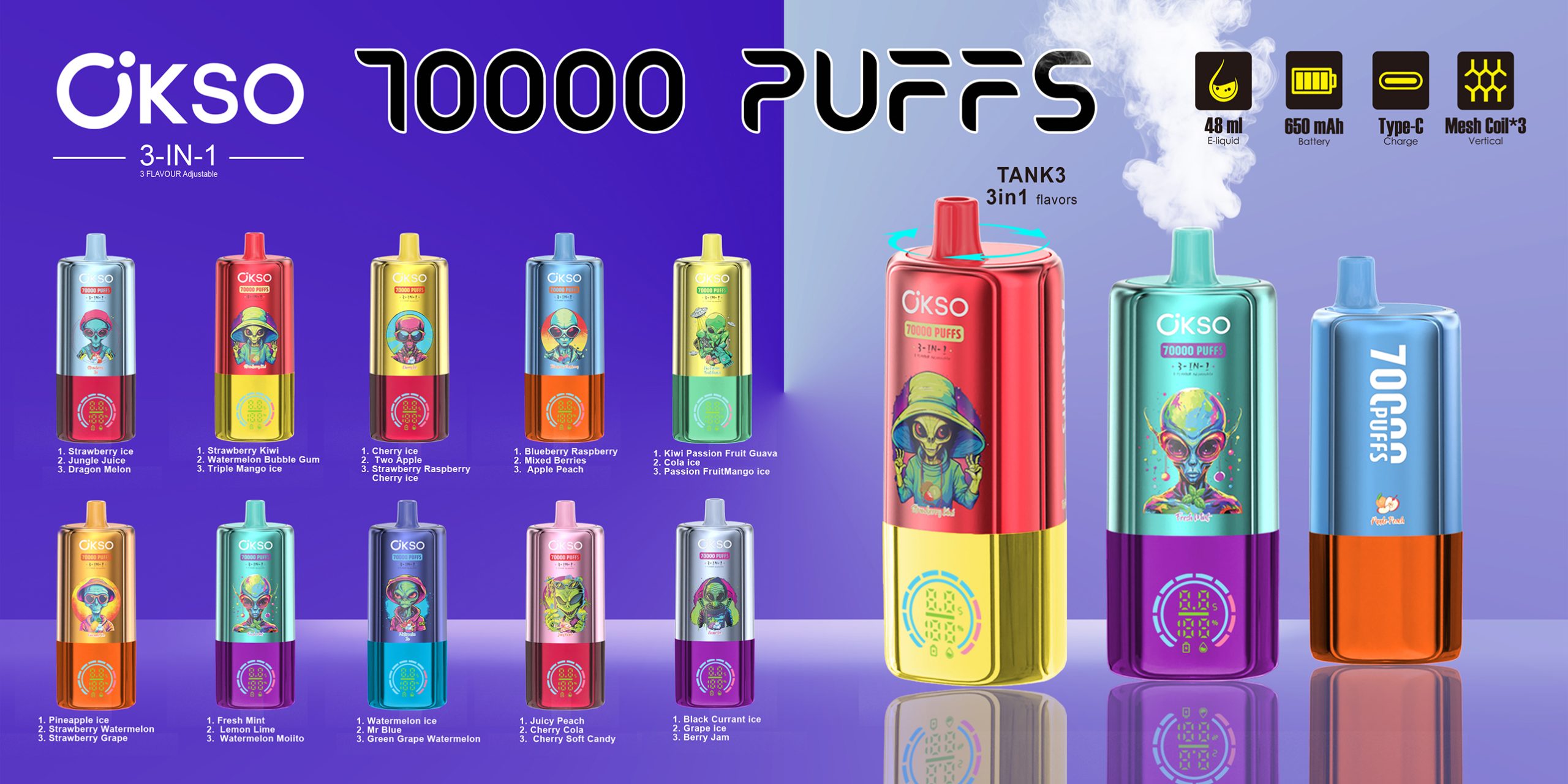 OKSO 70K 3 IN 1 Flavors Disposable Vape Poster