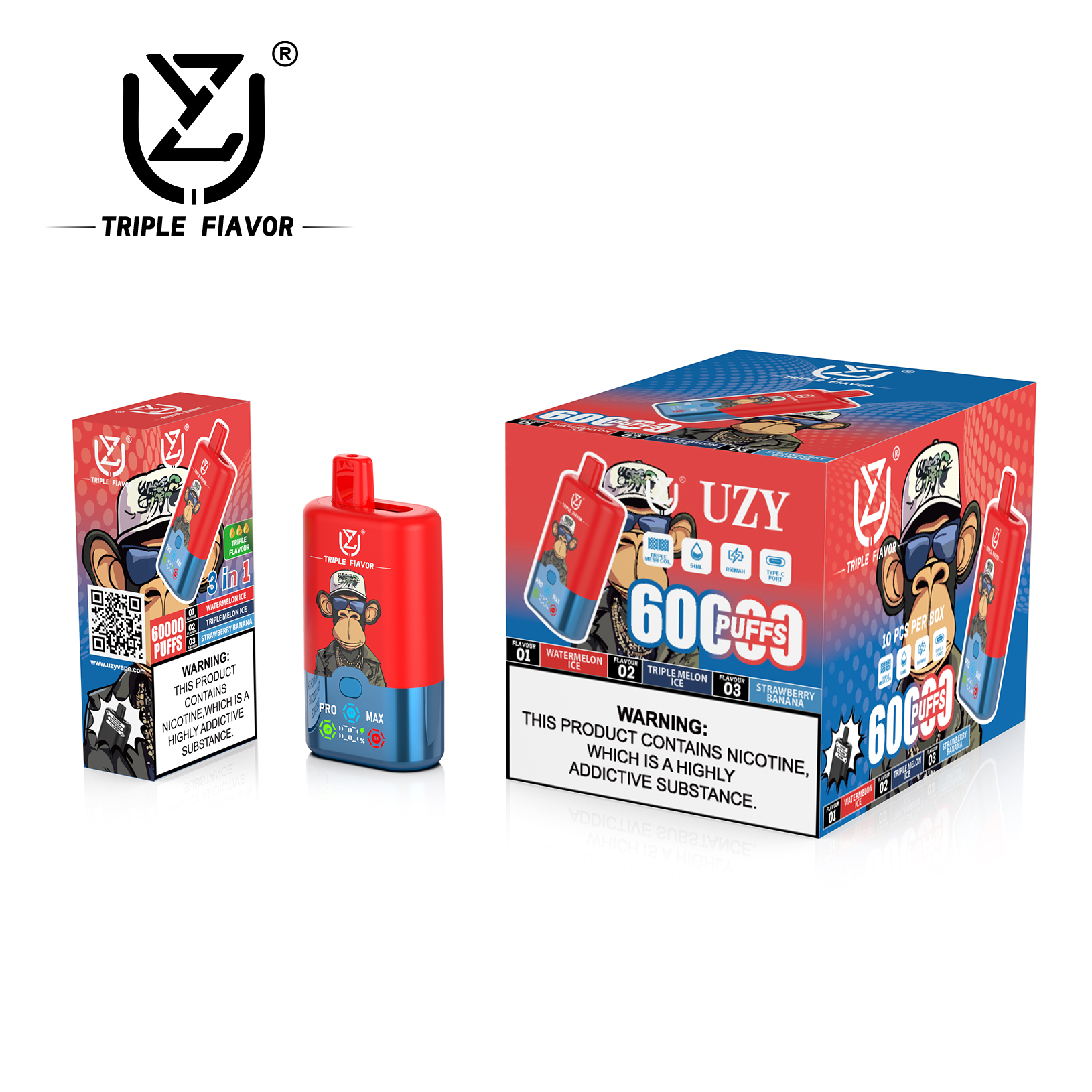 triple flavor vape UZY Flavors 60000 Puffs Big Puff 3 in 1 Disposable Select Flavor ::Double Spearmint Ice E-Cigarettes, Vapes, and other 25000 Puff Disposable