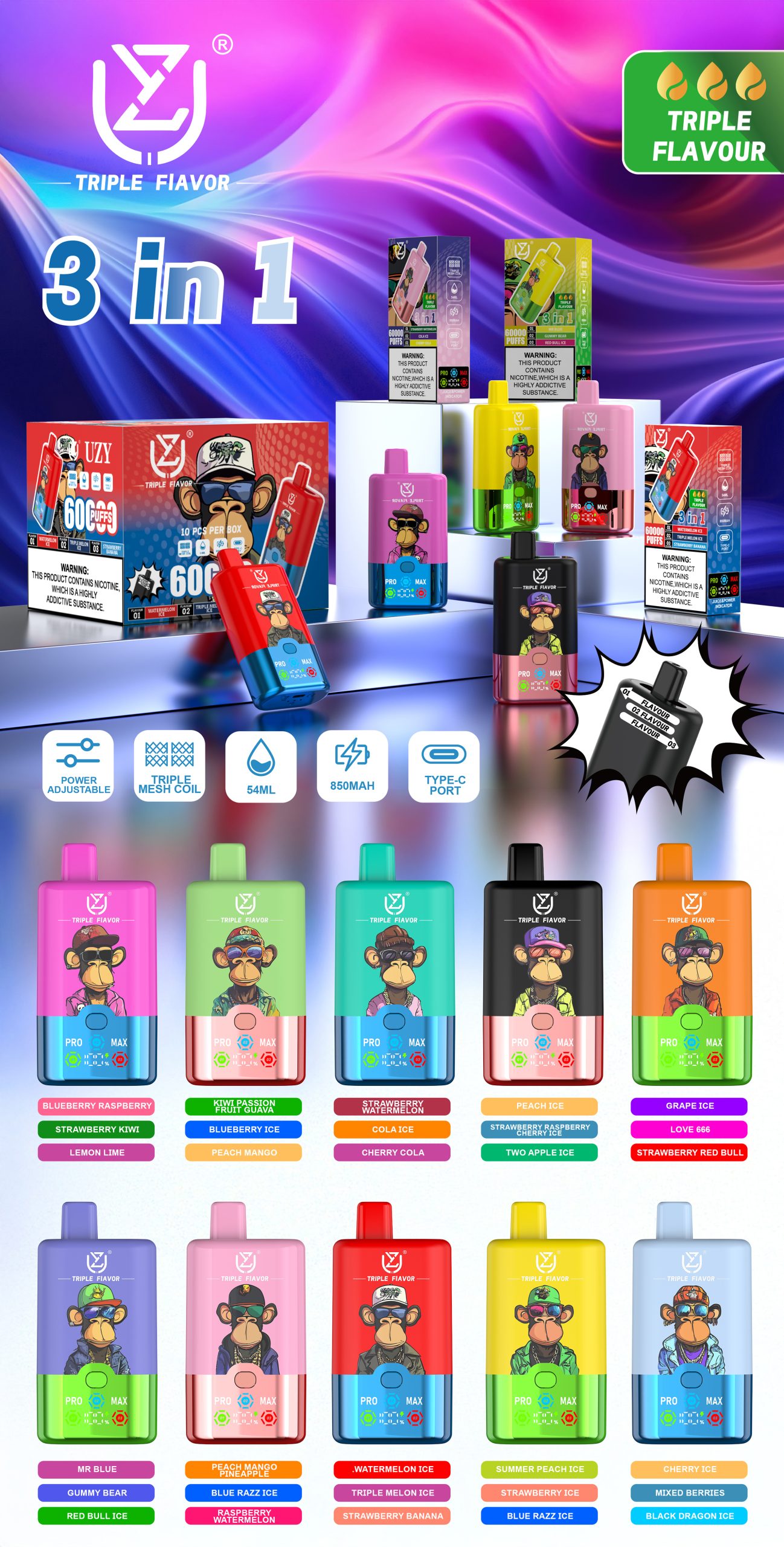 UZY Triple Flavors 60K Puffs 3 in 1 Vape Flavors List