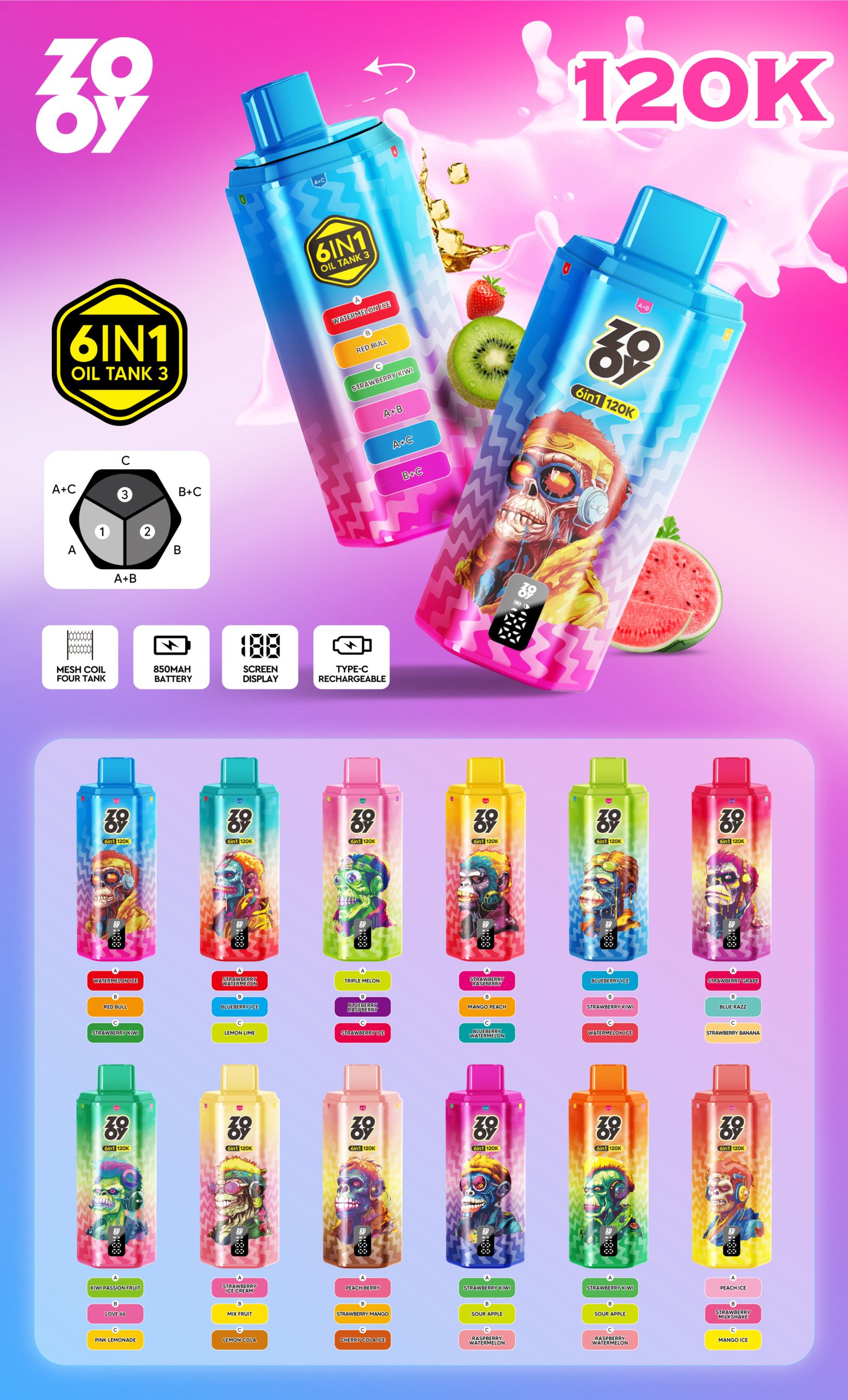 Zooy 120K Puffs 6 in 1 Flavors List
