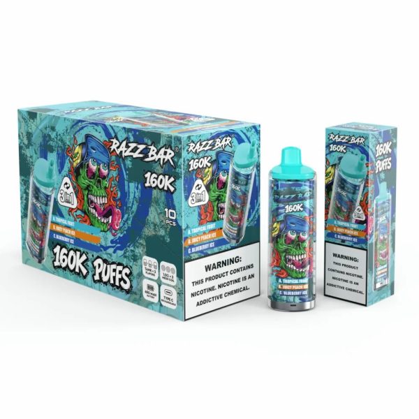 Razz Bar 160K Tropical Fruit & Juicy Peach Ice & Blueberry Ice Razz Bar 160K Tropical Fruit & Juicy Peach Ice & Blueberry Ice
