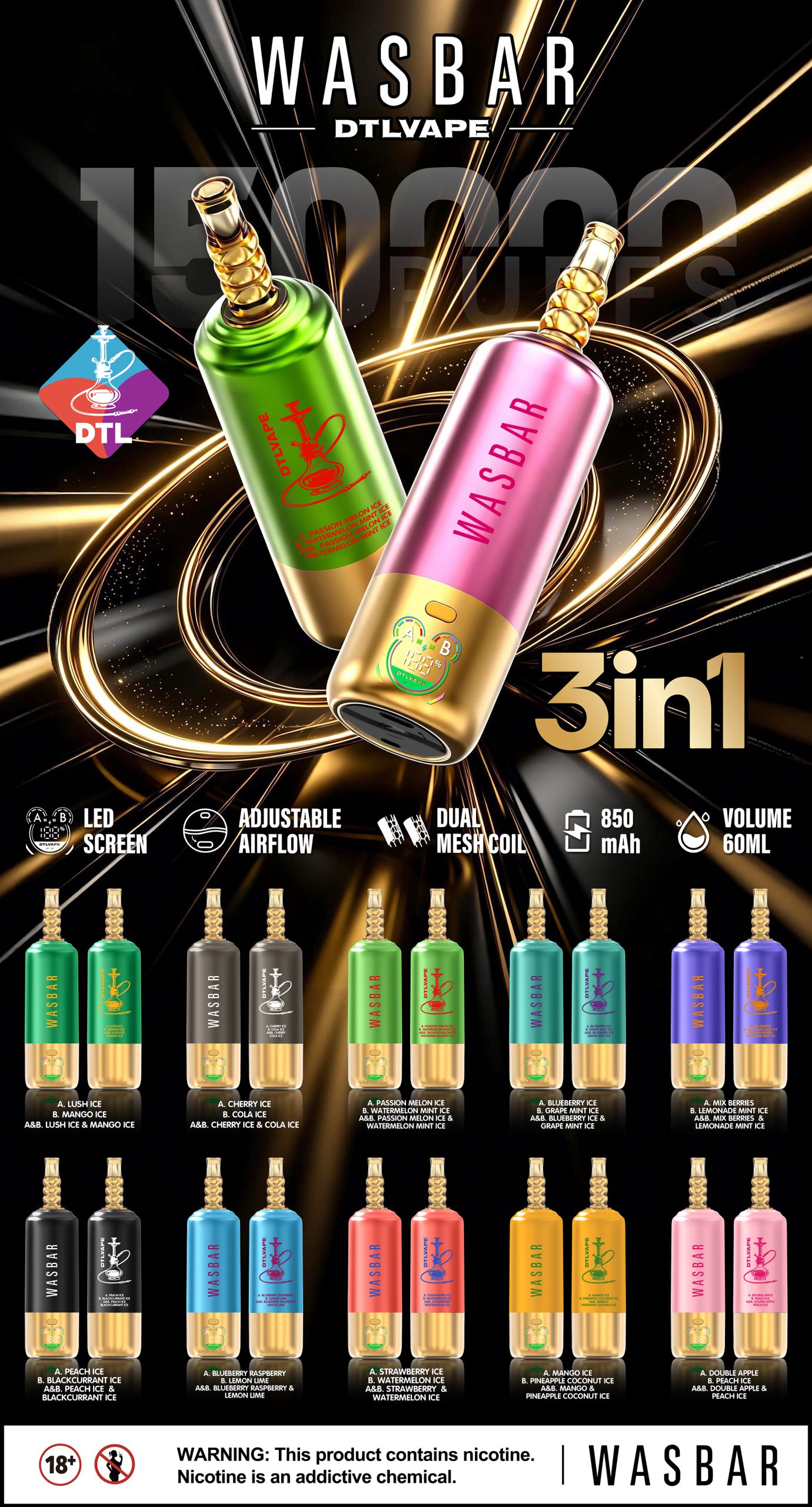 WASBAR 150000 Puffs 3 in 1 Disposable Vape Poster