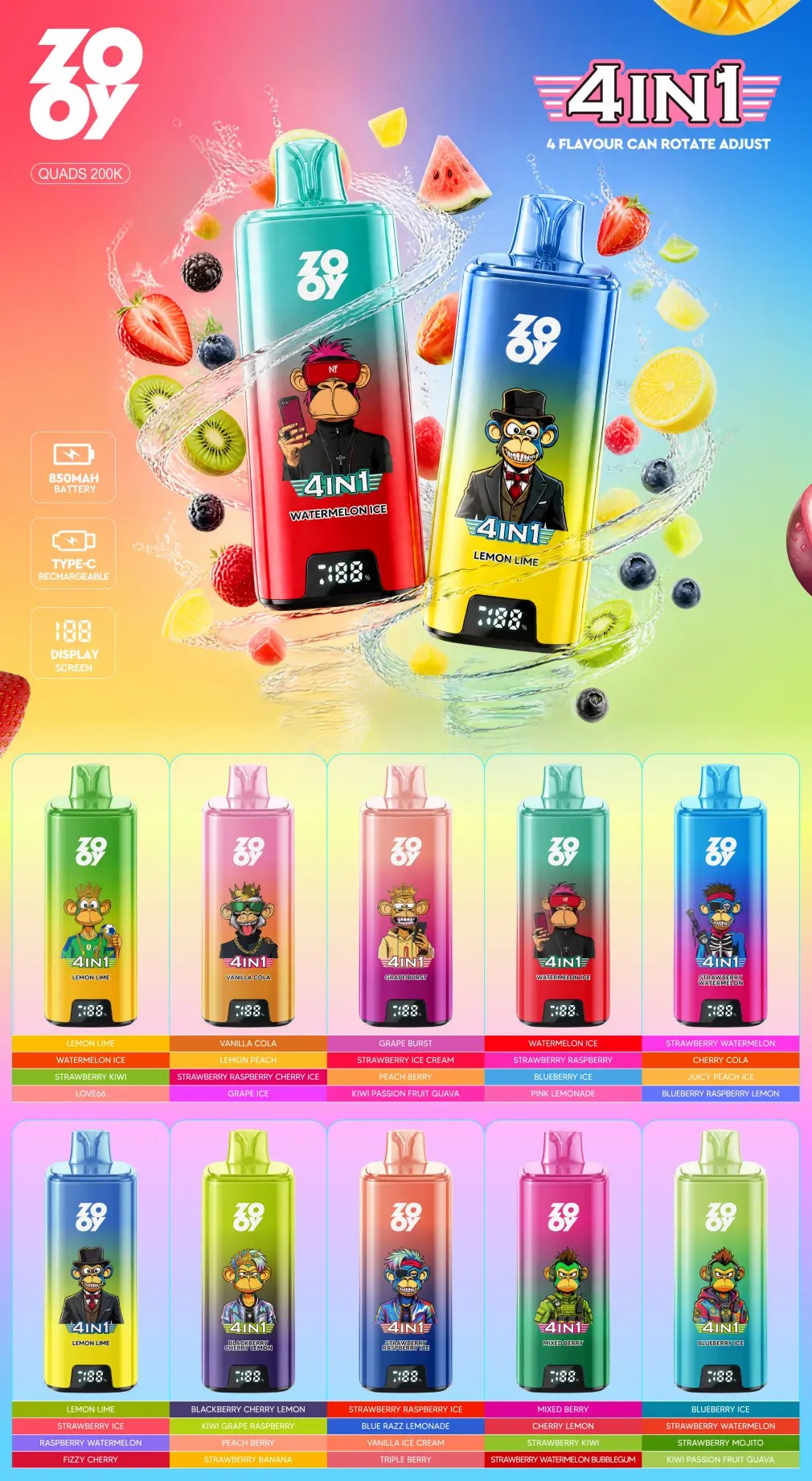 ZOOY 4 in 1 Quads 200K Disposable Vape Flavor List