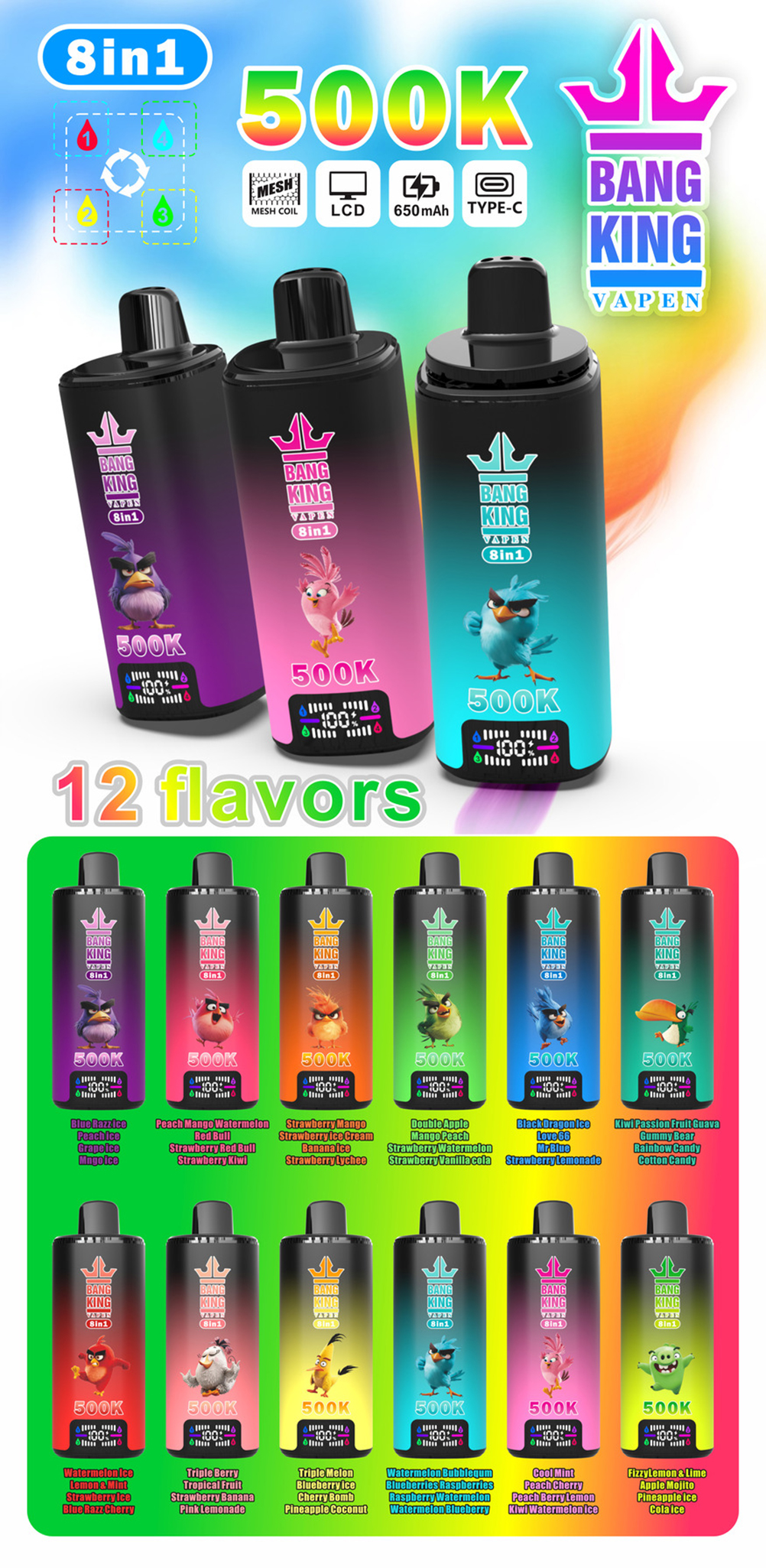 Bang King 500000 Puffs 8 in 1 Angry Birds 500K Disposable Vape Wholesale