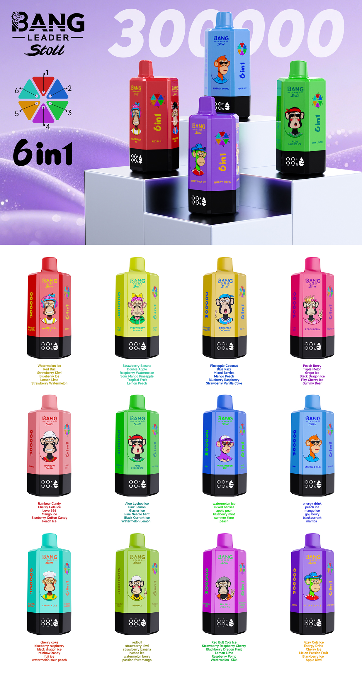 Bang Leader Stoll 300K Puffs Disposable Vape Wholesale 6 in 1 Flavor List