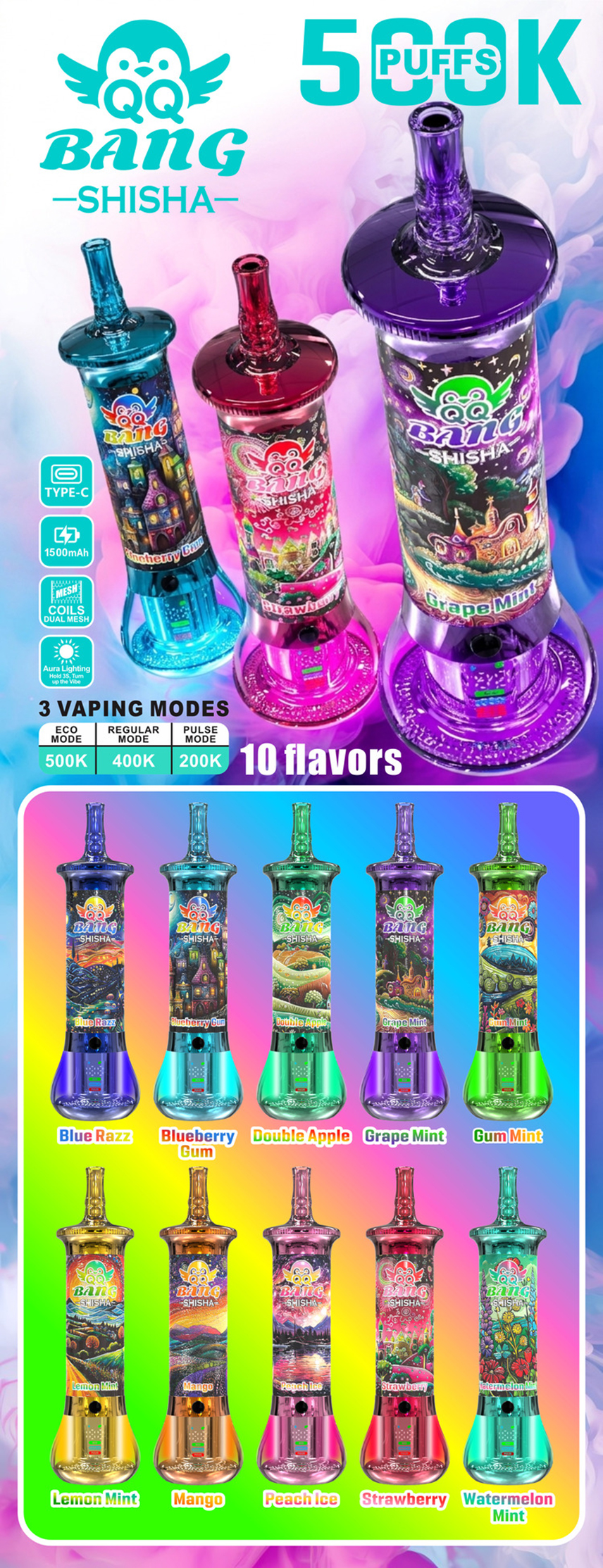 QQ Bang Shisha 500K Puffs Three Vaping Modes Disposable Vape