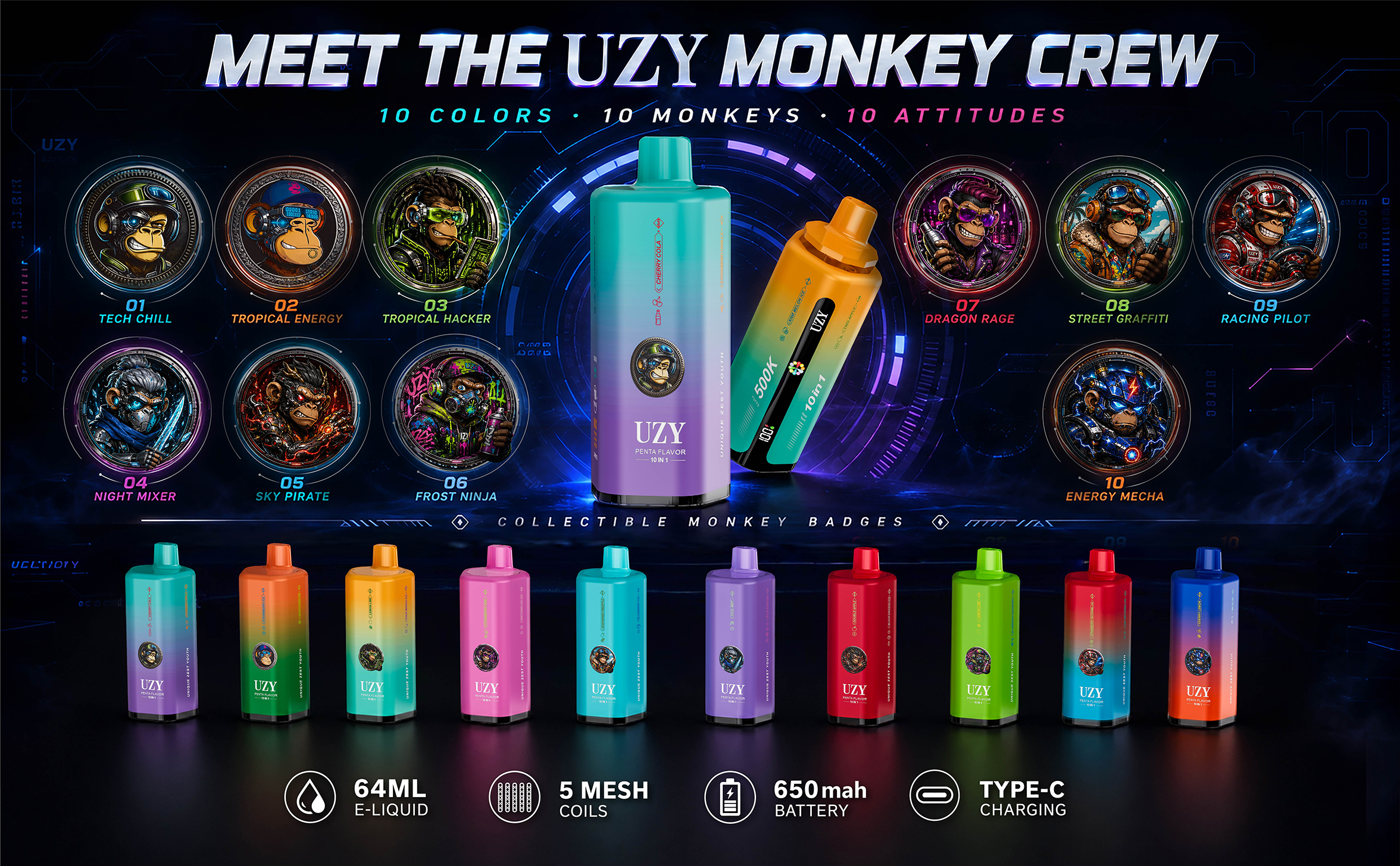 UZY PENTA FLAVOR 10 IN 1 500K Puffs Disposable Vape Wholesale Specification
