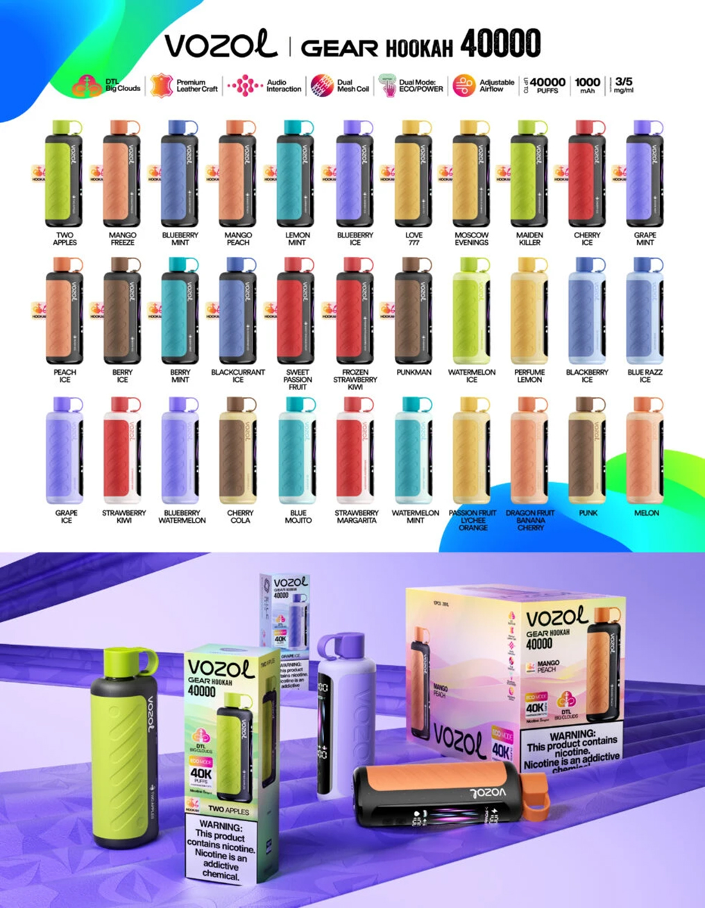 Vozol Gear Hookah 40000 Puffs Original Disposable Vape Specification Details