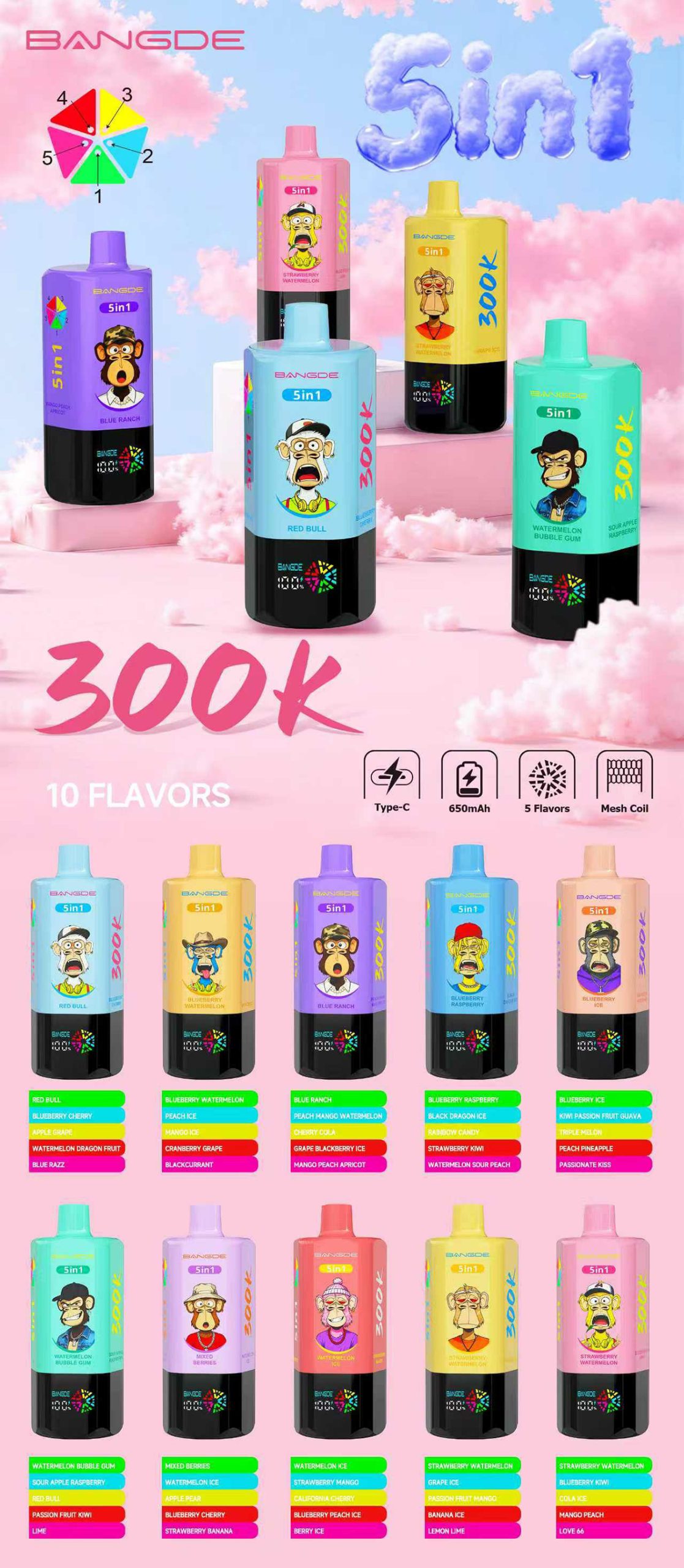 Bang DE 300K Puffs 5 IN 1 Disposable Vape Wholesale Poster
